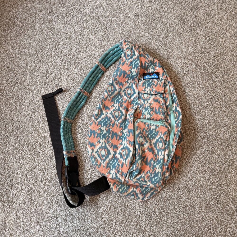 KAVU Rope Sling Bag Teal Orange Ikat Crossbody Backpack Travel Pack
